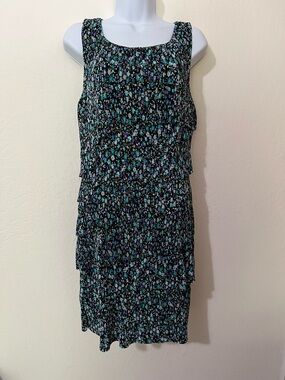 Forever Sleeveless Tiered Floral-Print Dress in Black and Teal